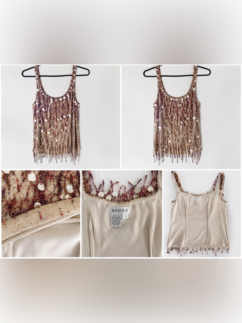 BASIX II Embellished Beaded Fringe Cami Size 2 Champagne Sequin Evening Top NWOT